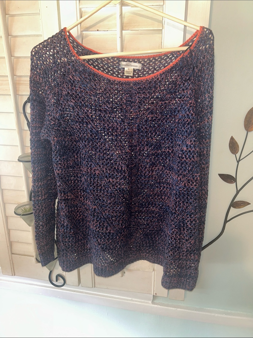 jonathan martin Navy Sweater with Pink Trim Open-Knit Crewneck